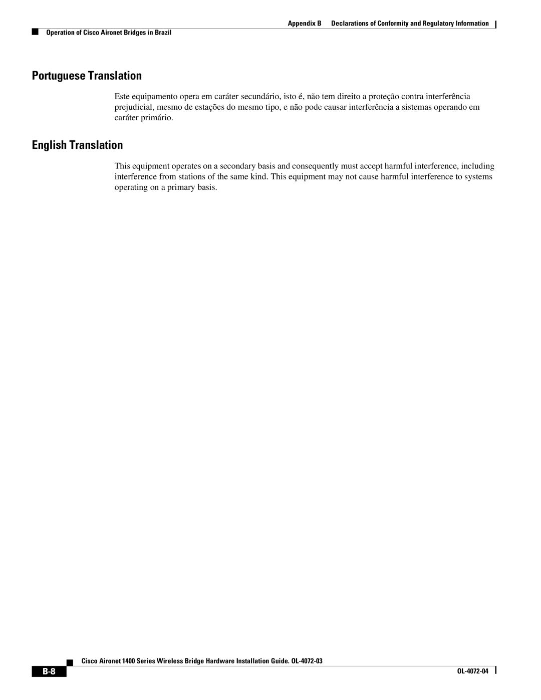 Cisco Systems OL-4072-04 appendix Portuguese Translation, English Translation 