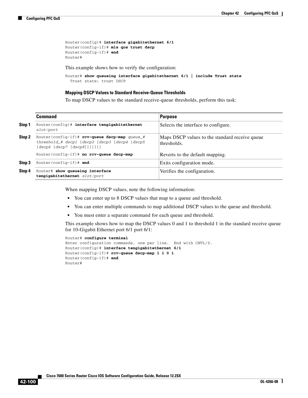 Cisco Systems OL-4266-08 Mapping Dscp Values to Standard Receive-Queue Thresholds, Reverts to the default mapping, 42-100 