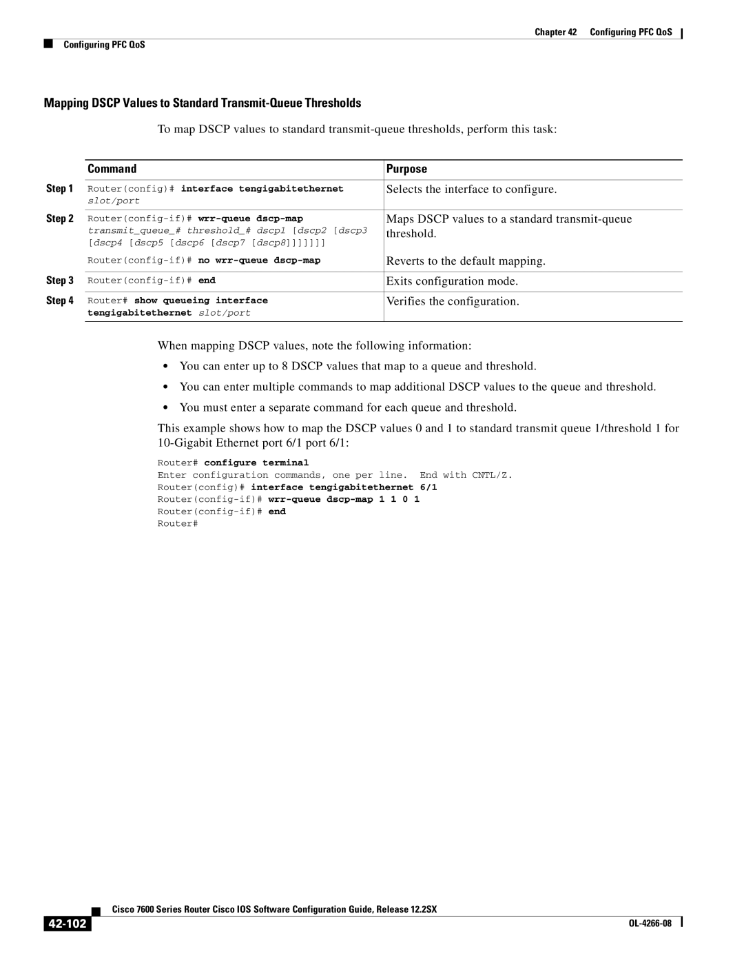 Cisco Systems OL-4266-08 manual Mapping Dscp Values to Standard Transmit-Queue Thresholds, 42-102 