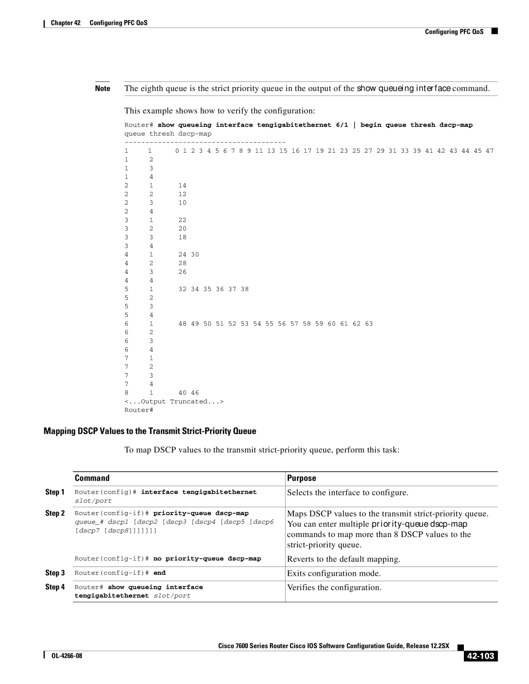 Cisco Systems OL-4266-08 manual Mapping Dscp Values to the Transmit Strict-Priority Queue, 42-103 