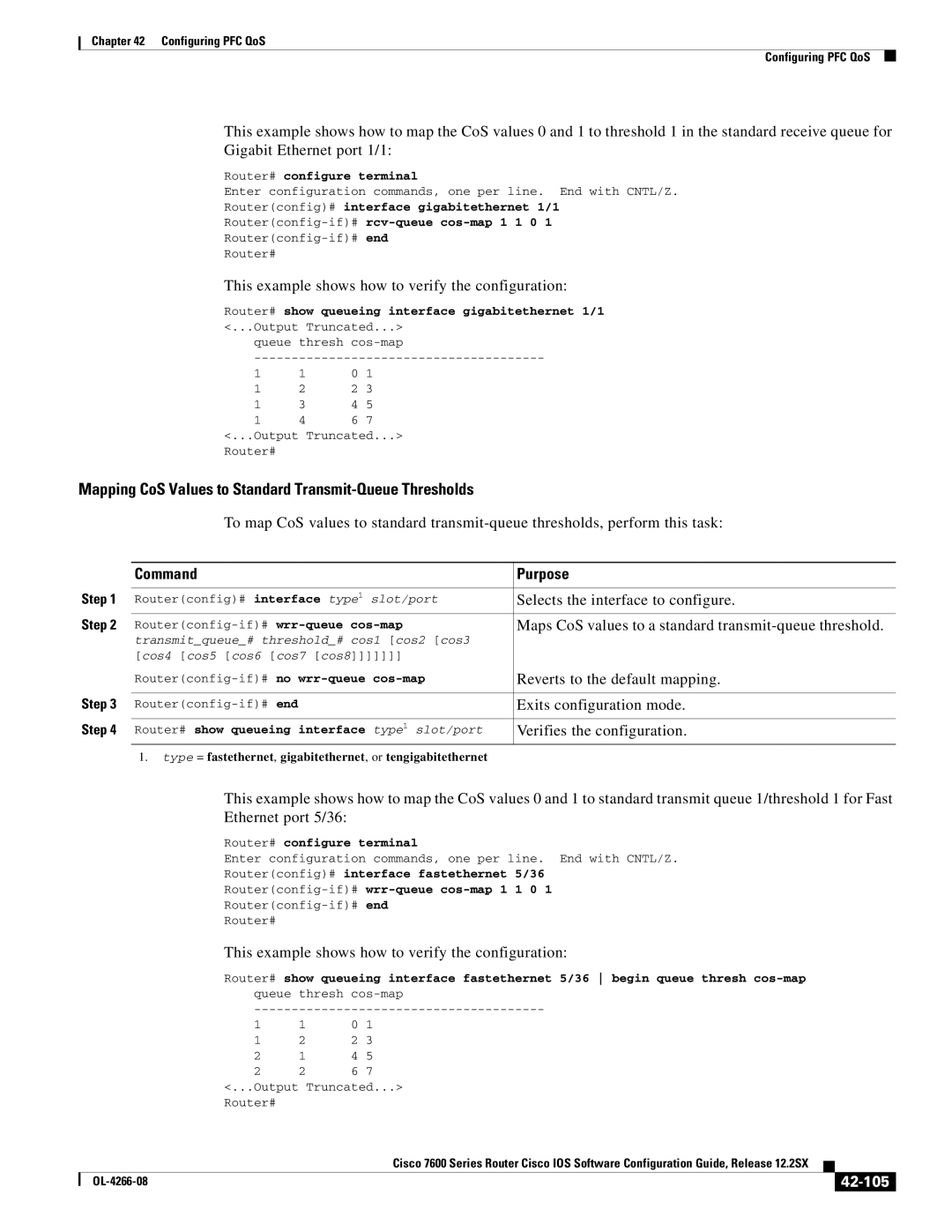 Cisco Systems OL-4266-08 manual Mapping CoS Values to Standard Transmit-Queue Thresholds, 42-105 