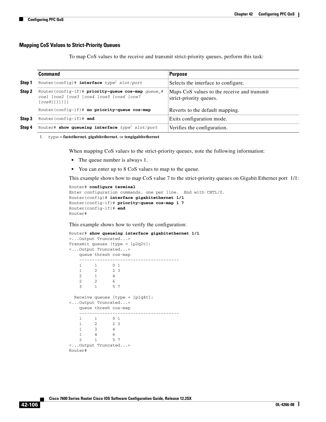 Cisco Systems OL-4266-08 Mapping CoS Values to Strict-Priority Queues, Maps CoS values to the receive and transmit, 42-106 