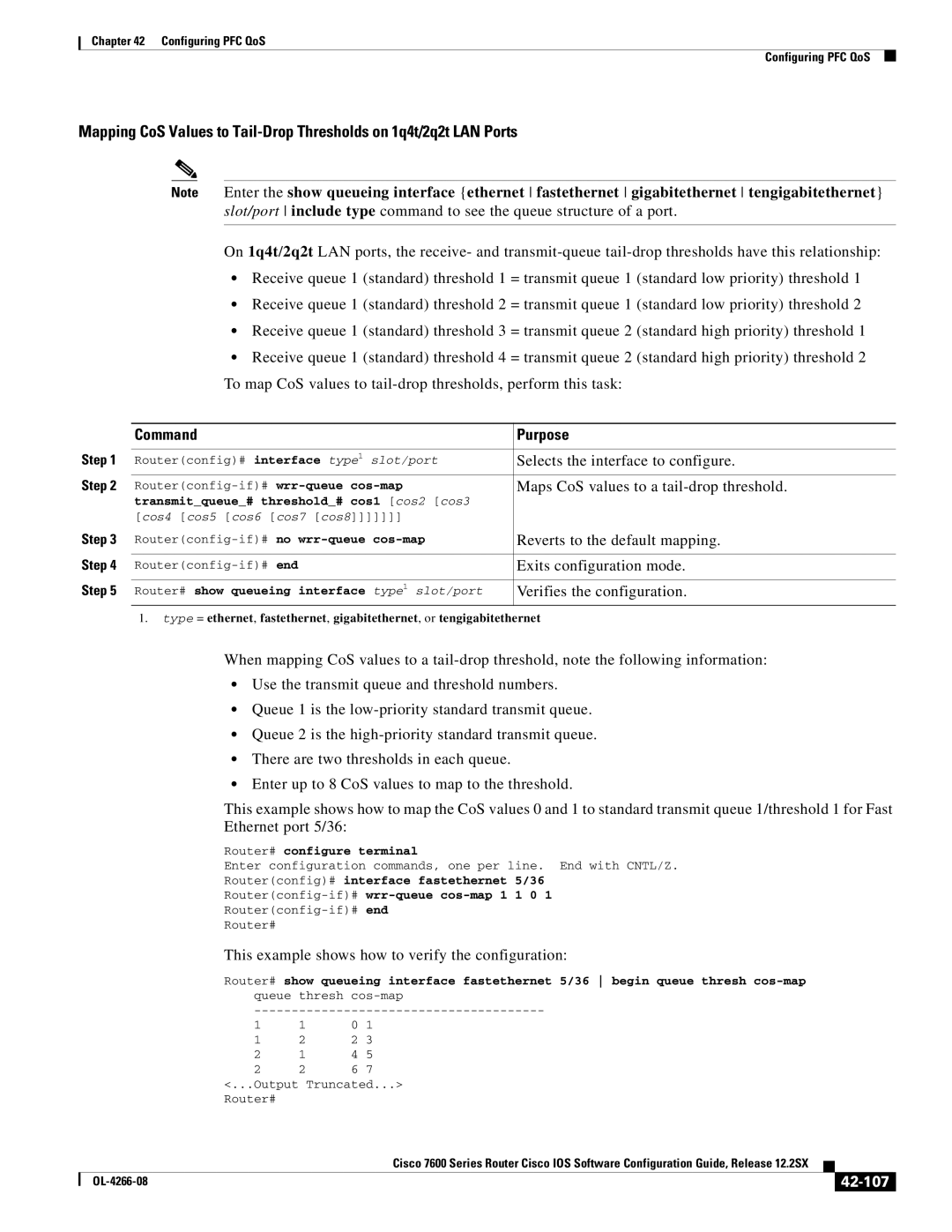 Cisco Systems OL-4266-08 manual Maps CoS values to a tail-drop threshold, 42-107 