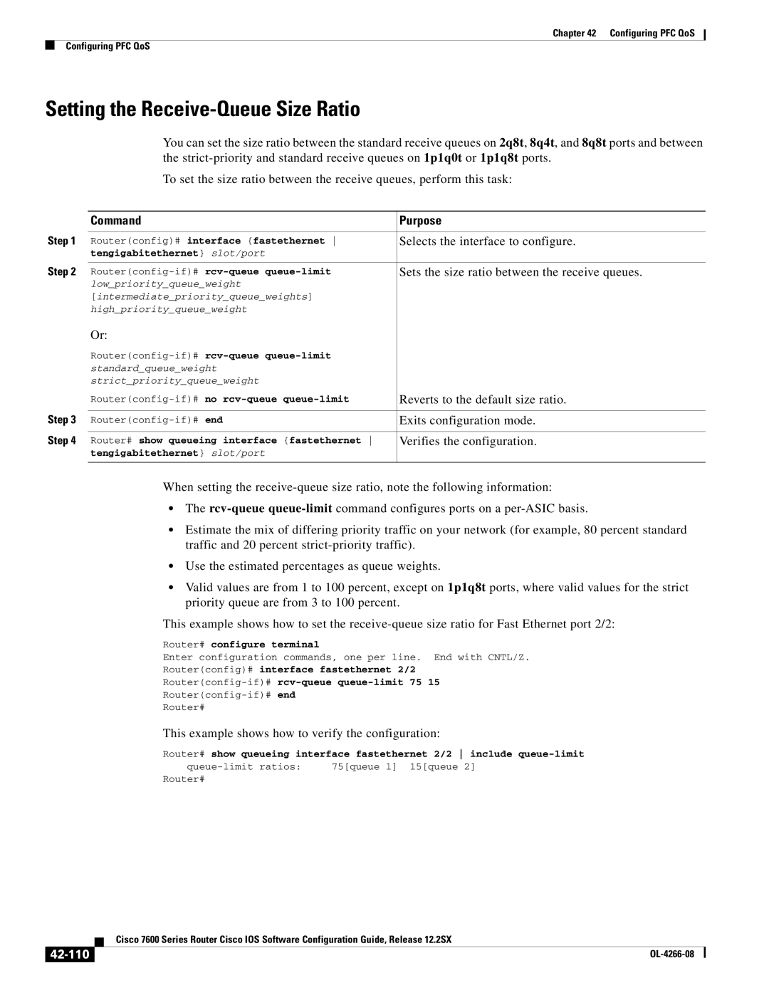 Cisco Systems OL-4266-08 Setting the Receive-Queue Size Ratio, Sets the size ratio between the receive queues, 42-110 