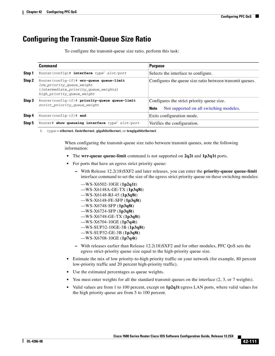 Cisco Systems OL-4266-08 Configuring the Transmit-Queue Size Ratio, Configures the strict priority queue size, 42-111 