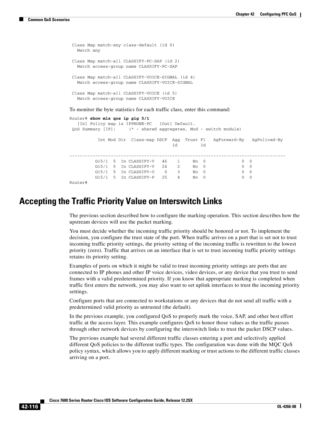 Cisco Systems OL-4266-08 manual Accepting the Traffic Priority Value on Interswitch Links, 42-116 