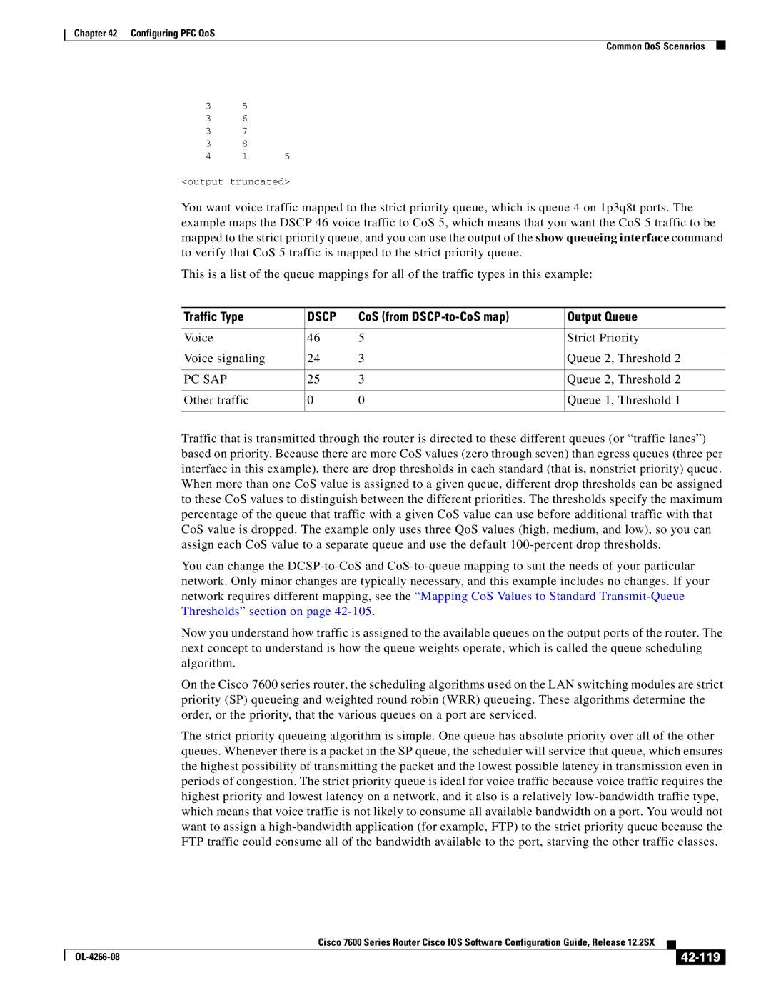 Cisco Systems OL-4266-08 manual Traffic Type, CoS from DSCP-to-CoS map Output Queue, 42-119 