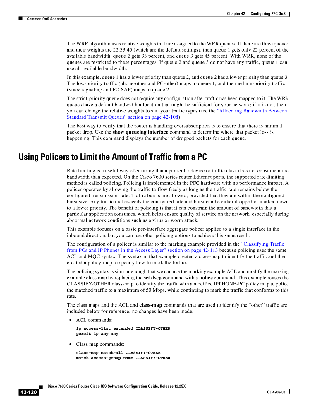 Cisco Systems OL-4266-08 manual Using Policers to Limit the Amount of Traffic from a PC, Class map commands, 42-120 