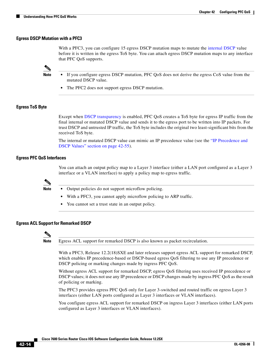 Cisco Systems OL-4266-08 manual Egress Dscp Mutation with a PFC3, Egress ToS Byte, Egress PFC QoS Interfaces, 42-14 