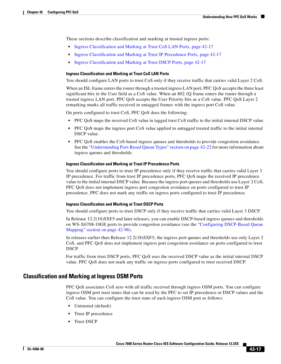 Cisco Systems OL-4266-08 manual Classification and Marking at Ingress OSM Ports, 42-17 