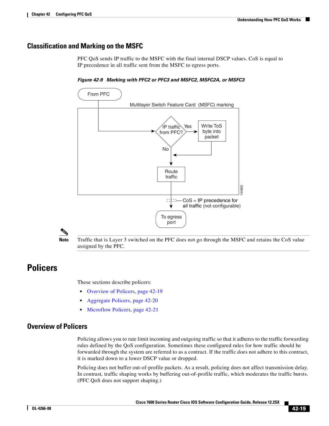 Cisco Systems OL-4266-08 manual Classification and Marking on the Msfc, Overview of Policers, 42-19 