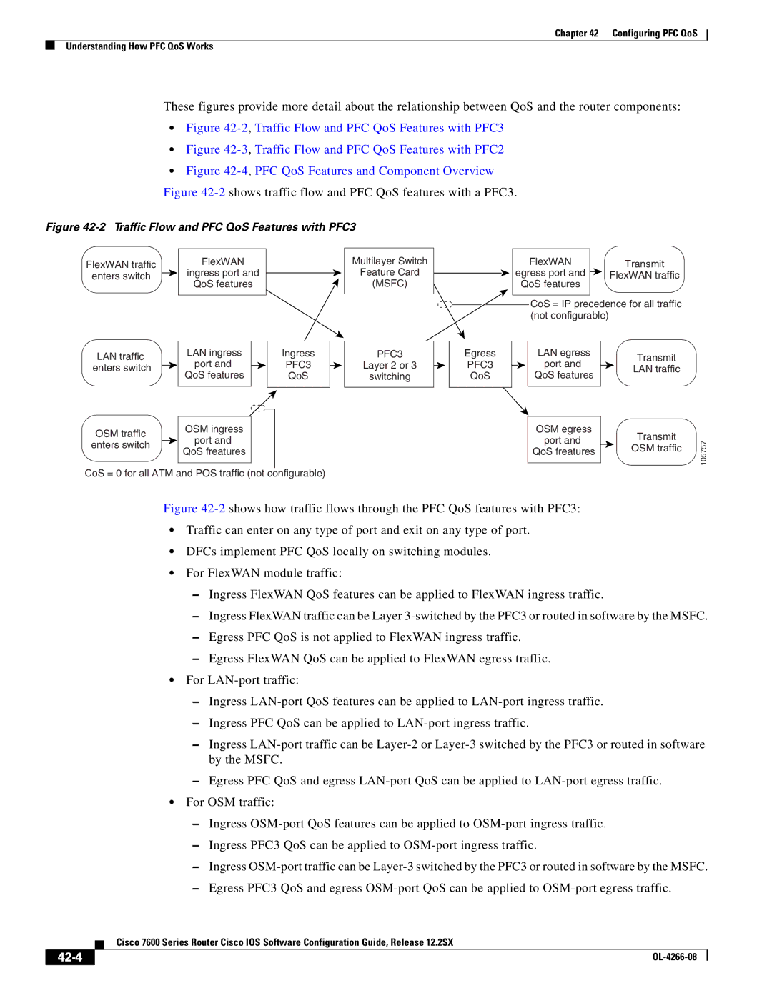 Cisco Systems OL-4266-08 manual 2shows traffic flow and PFC QoS features with a PFC3, 42-4 