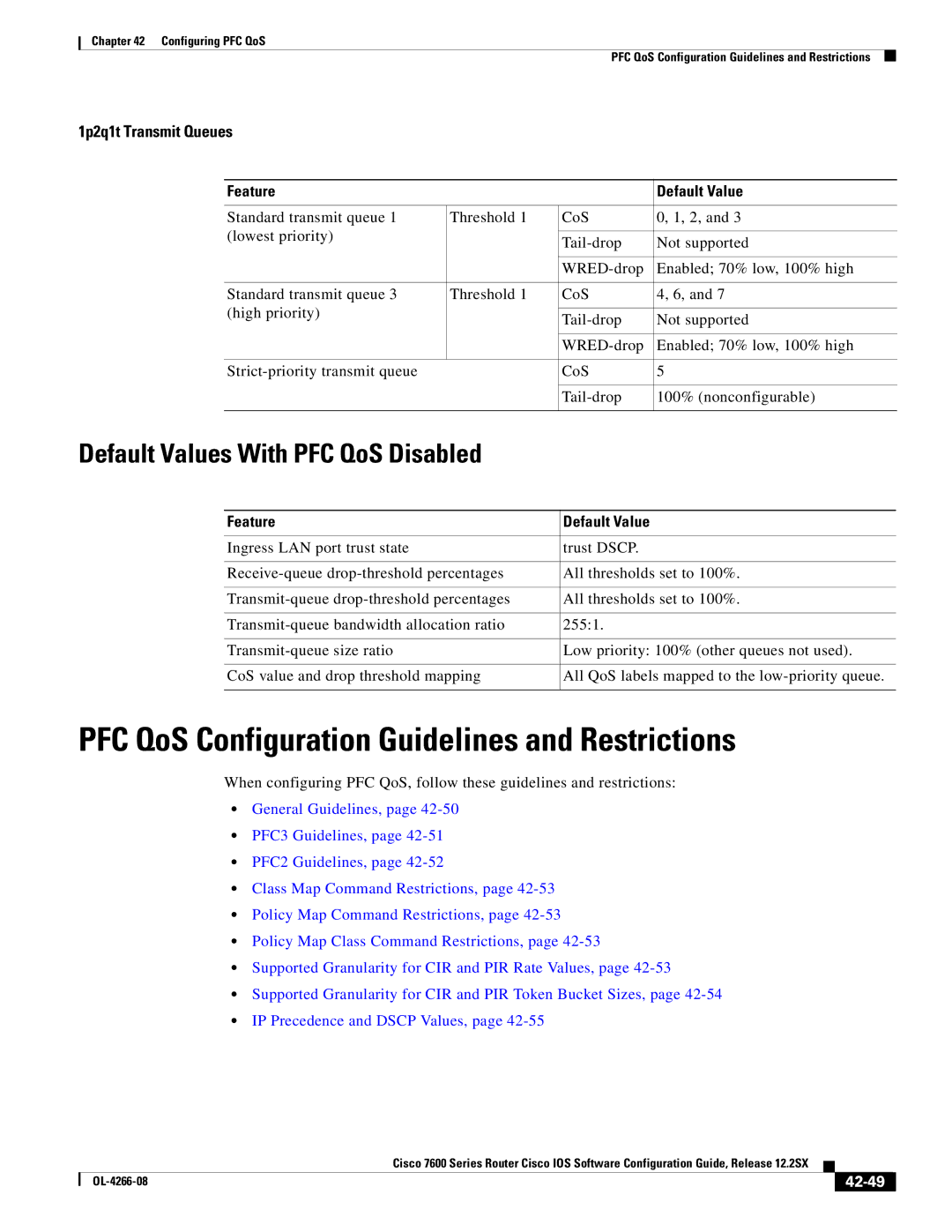 Cisco Systems OL-4266-08 manual Default Values With PFC QoS Disabled, 1p2q1t Transmit Queues, 42-49 