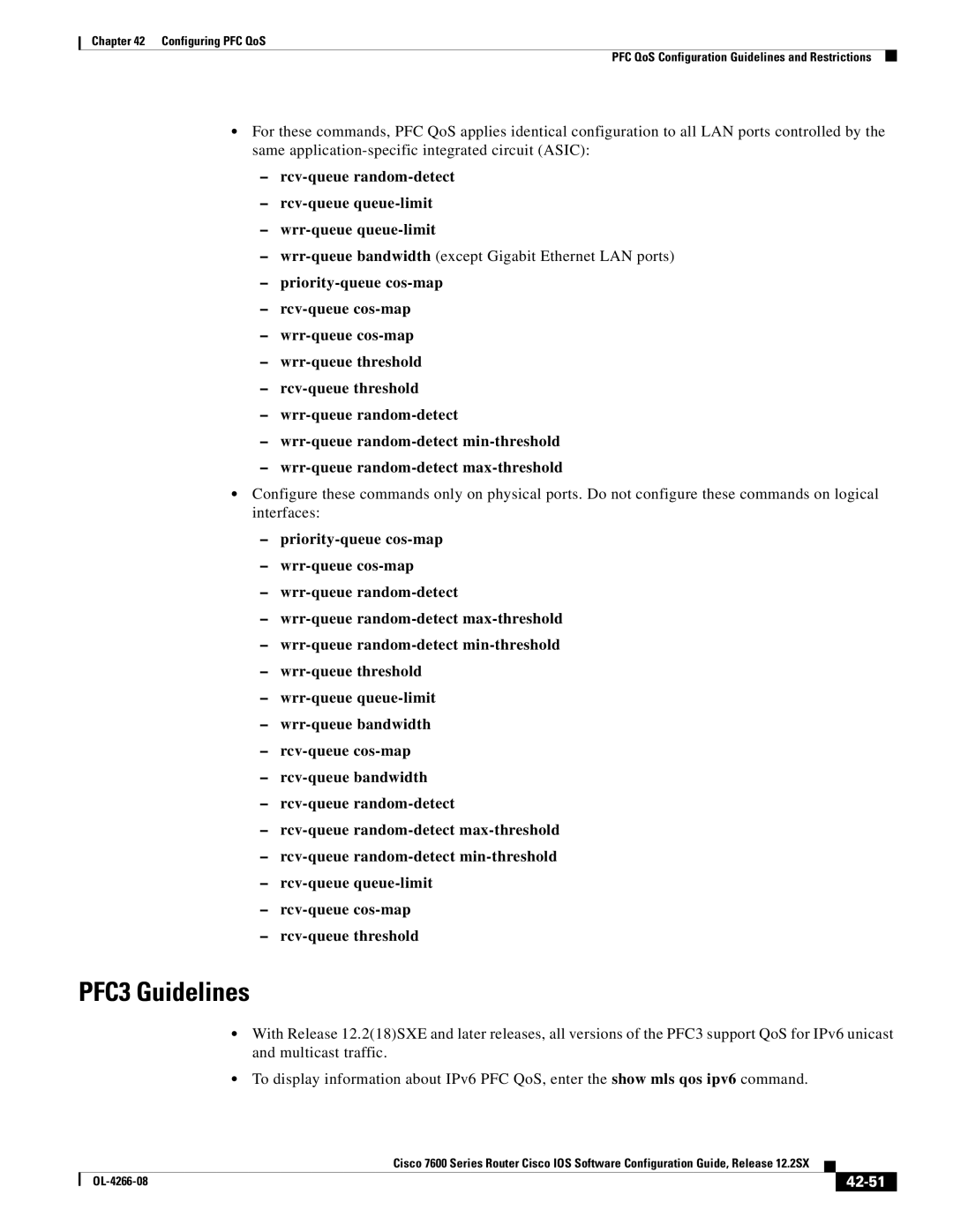 Cisco Systems OL-4266-08 manual PFC3 Guidelines, Wrr-queue bandwidth except Gigabit Ethernet LAN ports, 42-51 