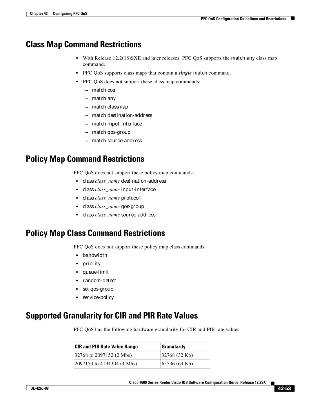 Cisco Systems OL-4266-08 manual Class Map Command Restrictions, Policy Map Command Restrictions, 42-53 