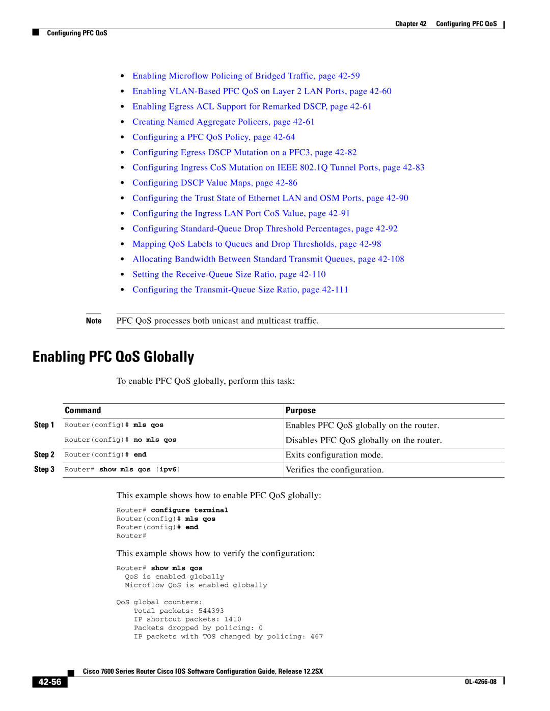 Cisco Systems OL-4266-08 manual Enabling PFC QoS Globally, Command Purpose, 42-56 