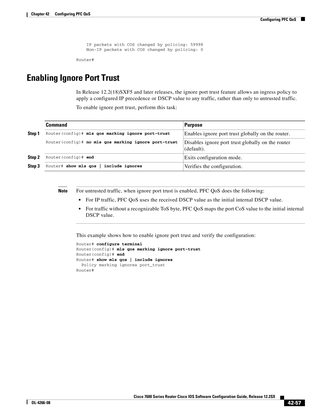 Cisco Systems OL-4266-08 Enabling Ignore Port Trust, Enables ignore port trust globally on the router, Default, 42-57 