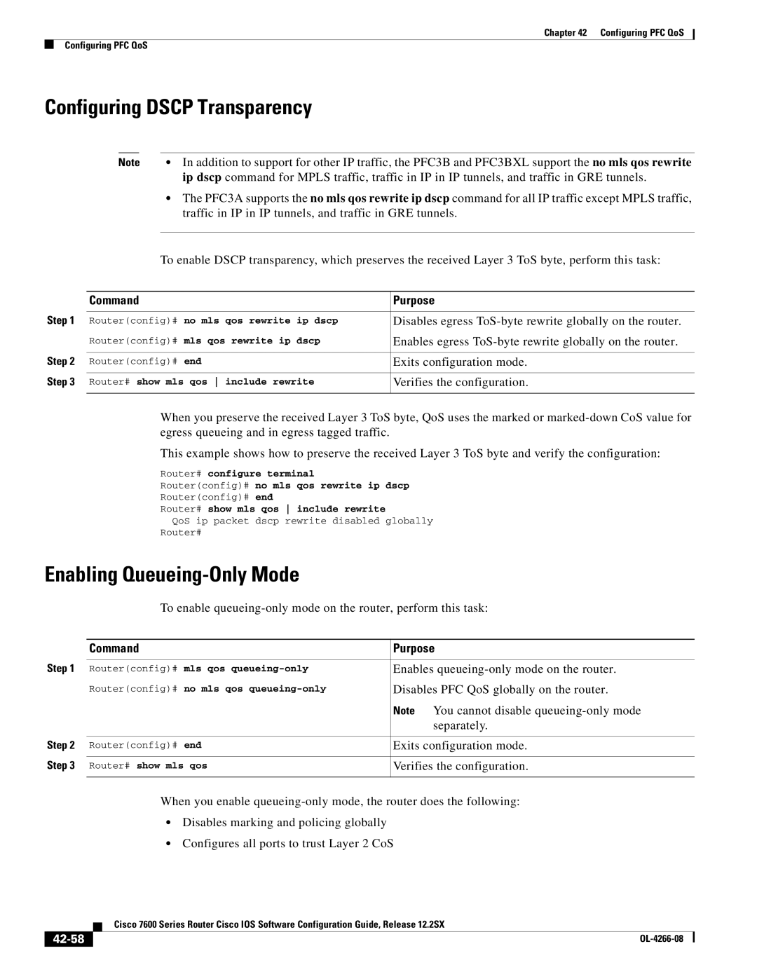 Cisco Systems OL-4266-08 manual Configuring Dscp Transparency, Enabling Queueing-Only Mode, 42-58 