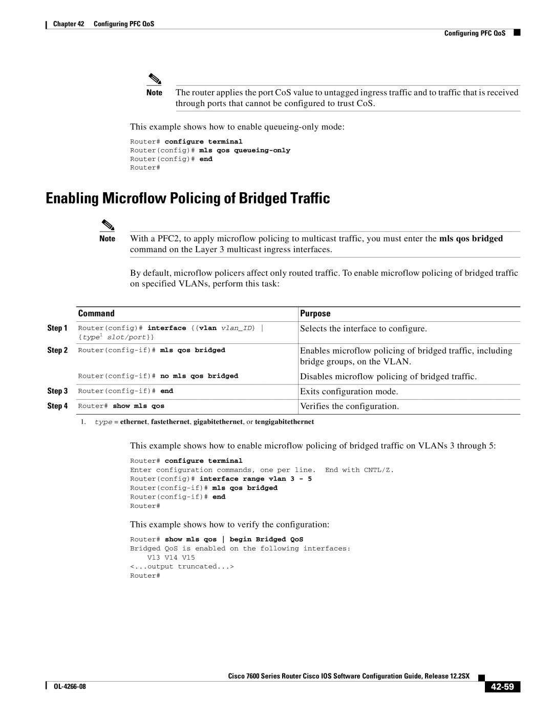 Cisco Systems OL-4266-08 manual Enabling Microflow Policing of Bridged Traffic, 42-59 