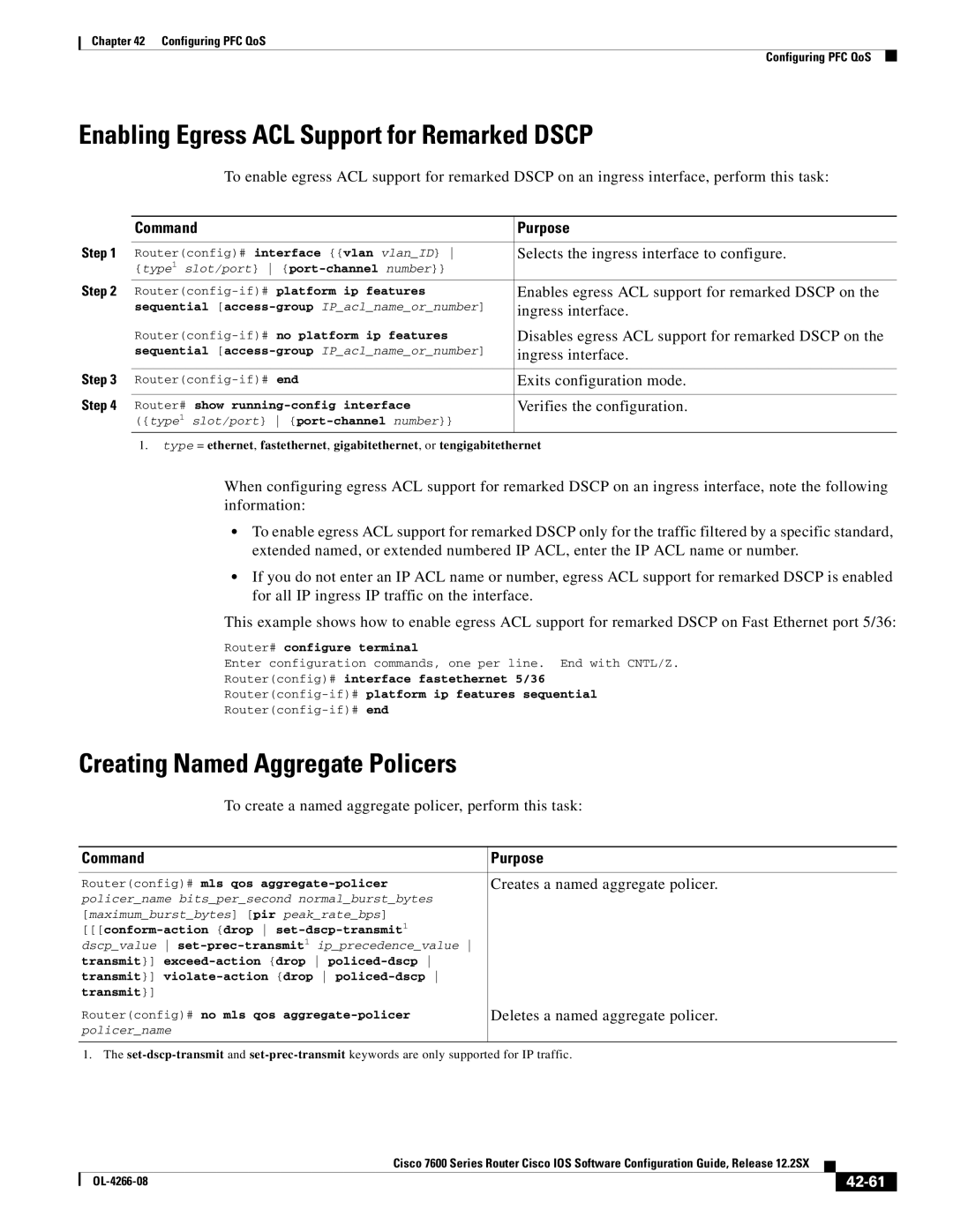 Cisco Systems OL-4266-08 manual Enabling Egress ACL Support for Remarked Dscp, Creating Named Aggregate Policers, 42-61 