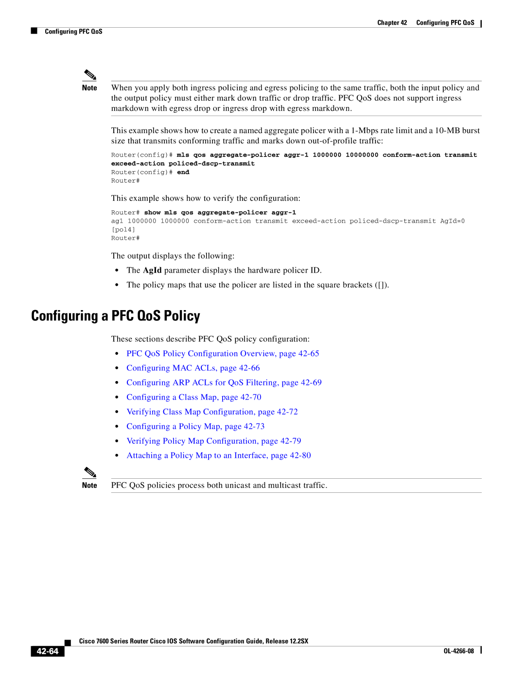 Cisco Systems OL-4266-08 manual Configuring a PFC QoS Policy, These sections describe PFC QoS policy configuration, 42-64 