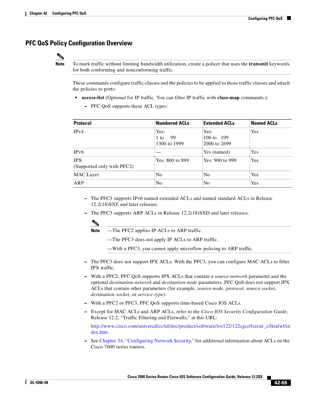 Cisco Systems OL-4266-08 PFC QoS Policy Configuration Overview, Protocol Numbered ACLs Extended ACLs Named ACLs, 42-65 