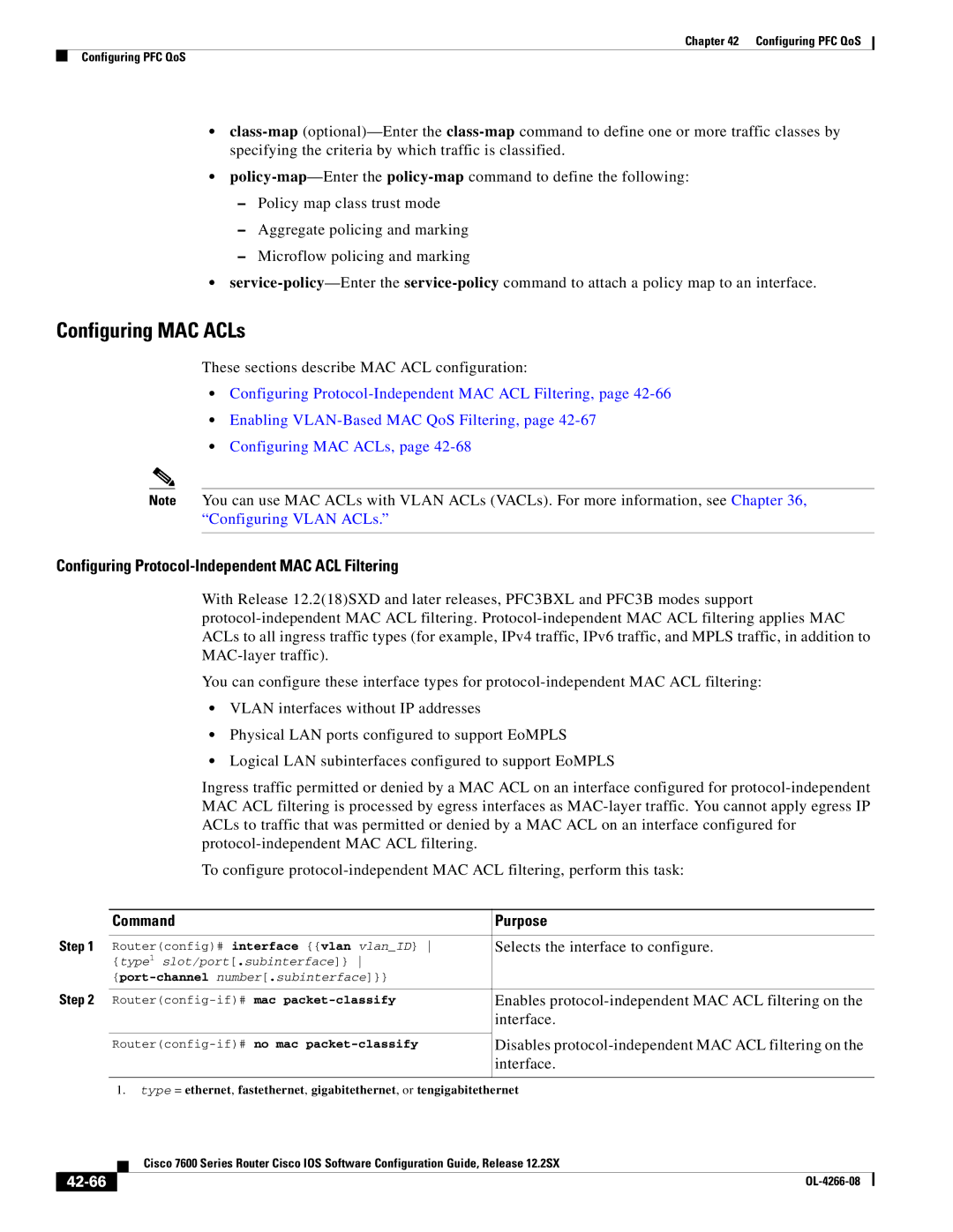 Cisco Systems OL-4266-08 manual Configuring MAC ACLs, Configuring Protocol-Independent MAC ACL Filtering, 42-66 