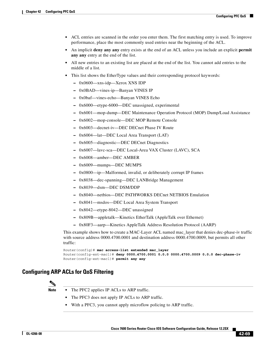 Cisco Systems OL-4266-08 manual Configuring ARP ACLs for QoS Filtering, 42-69 