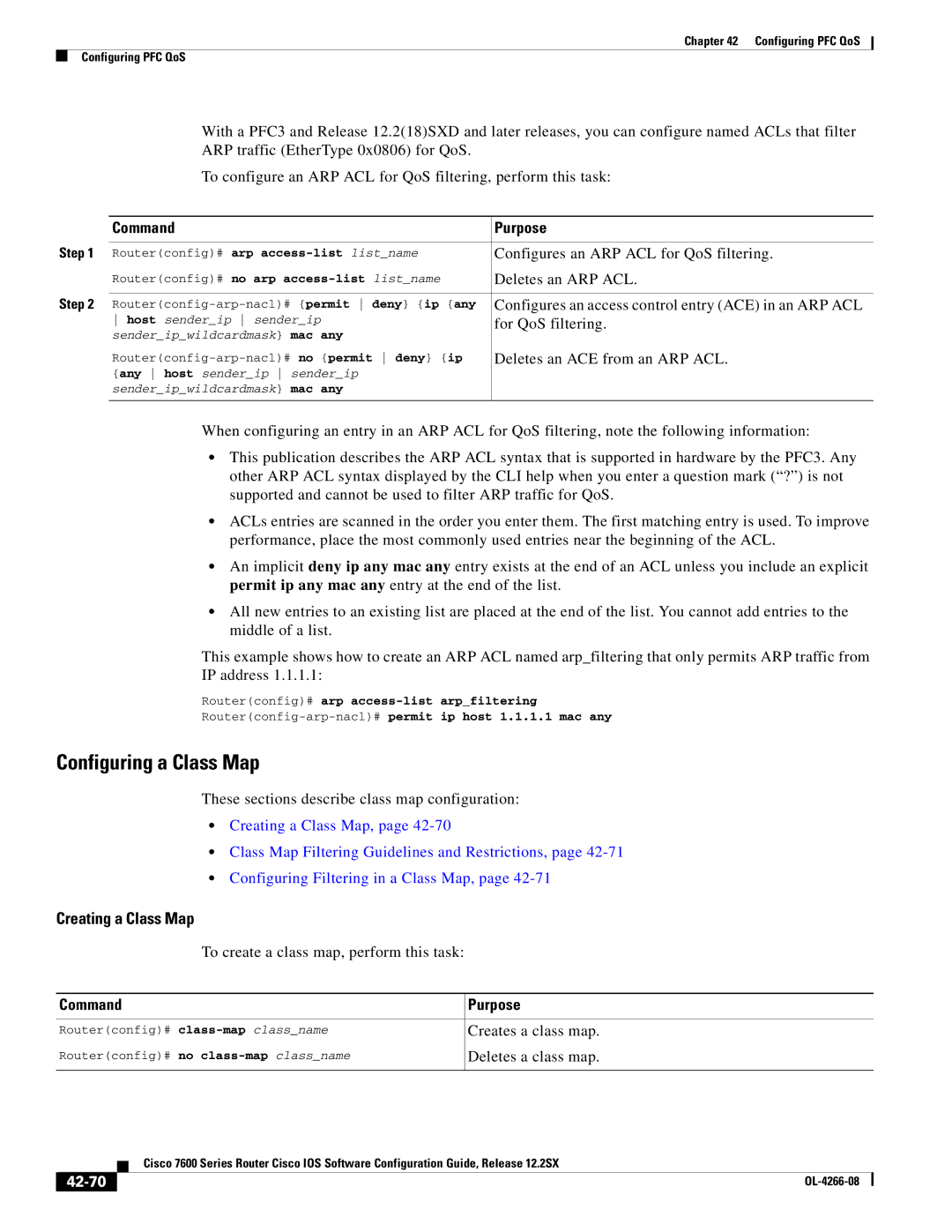 Cisco Systems OL-4266-08 manual Configuring a Class Map, Creating a Class Map, 42-70 