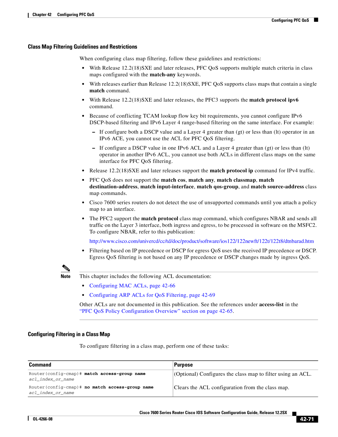 Cisco Systems OL-4266-08 Class Map Filtering Guidelines and Restrictions, Configuring Filtering in a Class Map, 42-71 