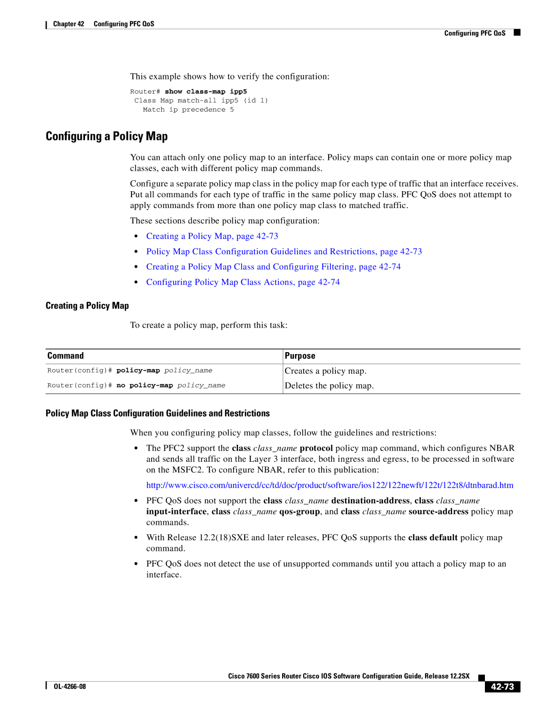 Cisco Systems OL-4266-08 Configuring a Policy Map, Creating a Policy Map, To create a policy map, perform this task, 42-73 