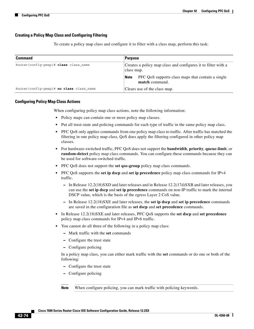 Cisco Systems OL-4266-08 manual Creating a Policy Map Class and Configuring Filtering, Configuring Policy Map Class Actions 