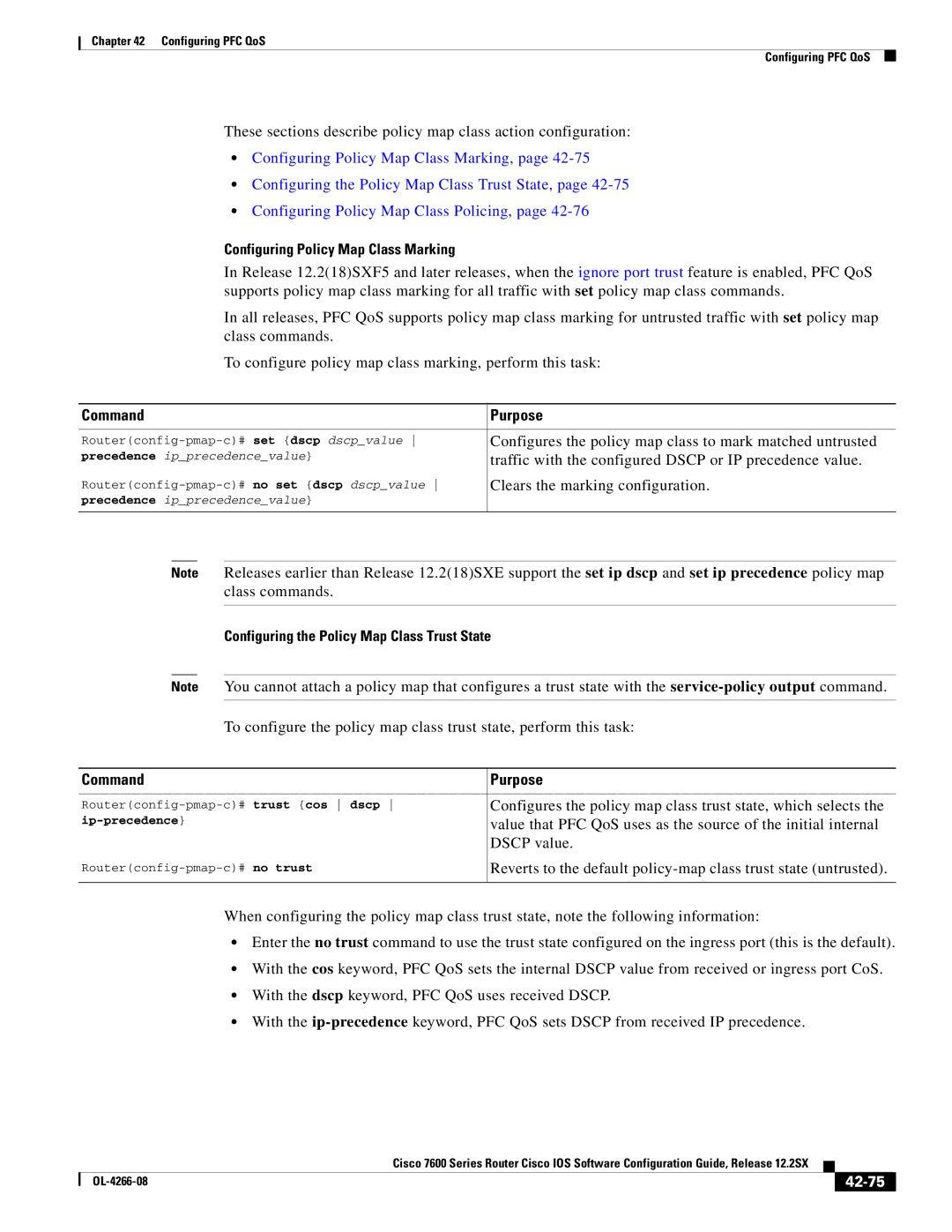 Cisco Systems OL-4266-08 manual Configuring Policy Map Class Marking, Configuring the Policy Map Class Trust State, 42-75 