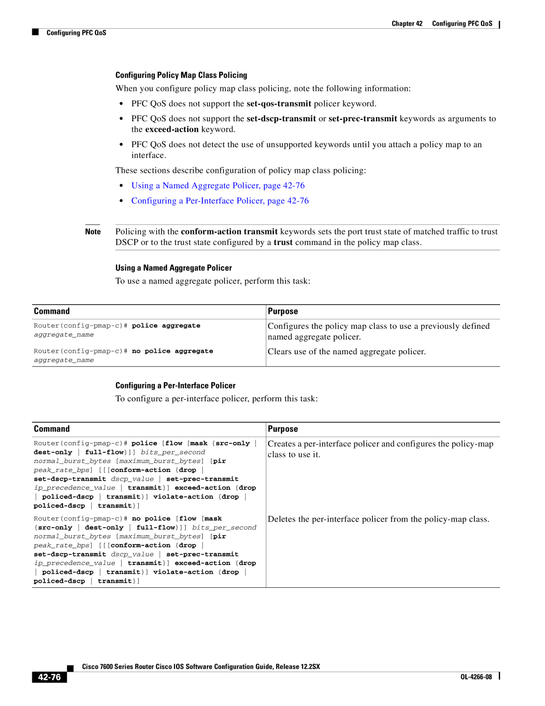 Cisco Systems OL-4266-08 manual Configuring Policy Map Class Policing, Using a Named Aggregate Policer, 42-76 