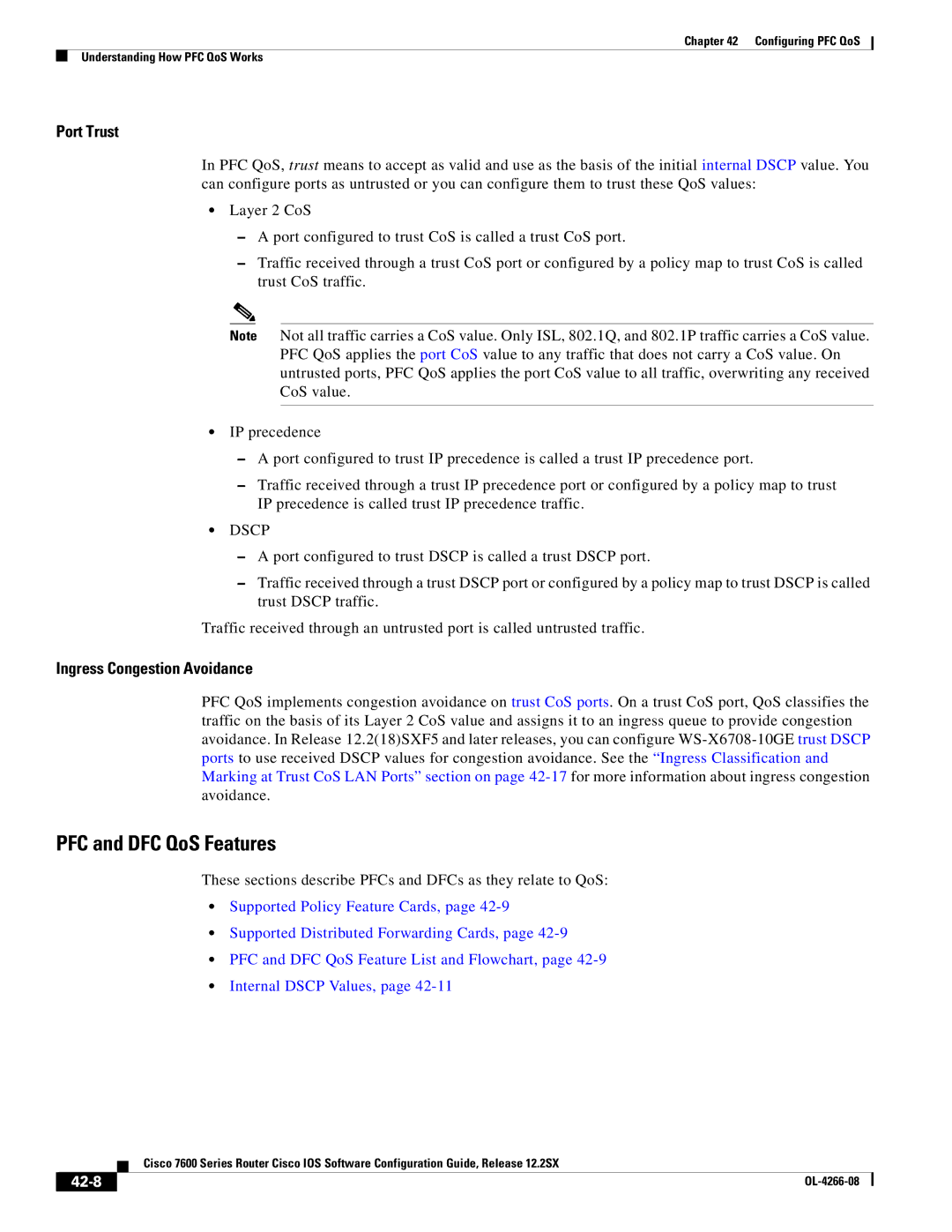 Cisco Systems OL-4266-08 manual PFC and DFC QoS Features, Port Trust, Ingress Congestion Avoidance, 42-8 