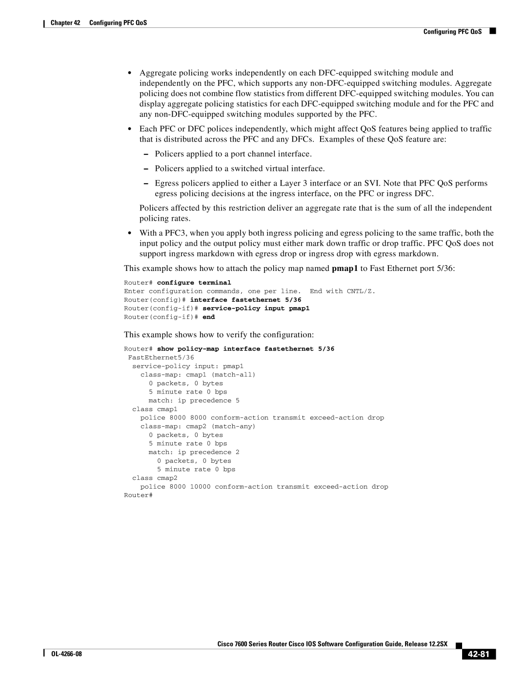 Cisco Systems OL-4266-08 manual 42-81, Router# show policy-map interface fastethernet 5/36 