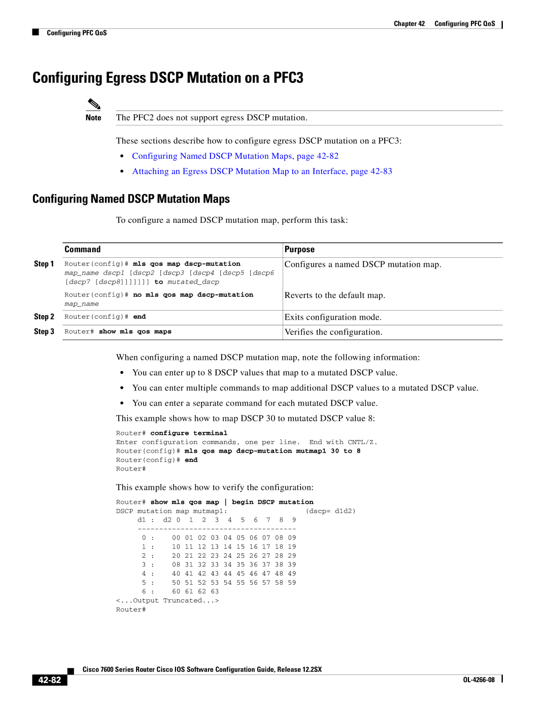 Cisco Systems OL-4266-08 manual Configuring Egress Dscp Mutation on a PFC3, Configuring Named Dscp Mutation Maps, 42-82 