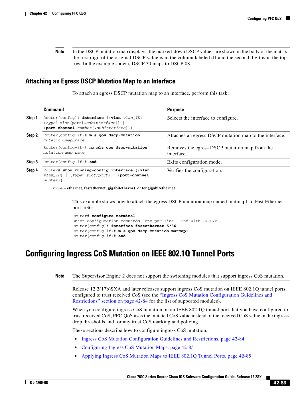 Cisco Systems OL-4266-08 Attaching an Egress Dscp Mutation Map to an Interface, Removes the egress Dscp mutation map from 