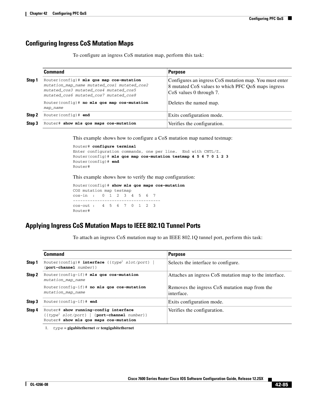 Cisco Systems OL-4266-08 manual Configuring Ingress CoS Mutation Maps, 42-85 