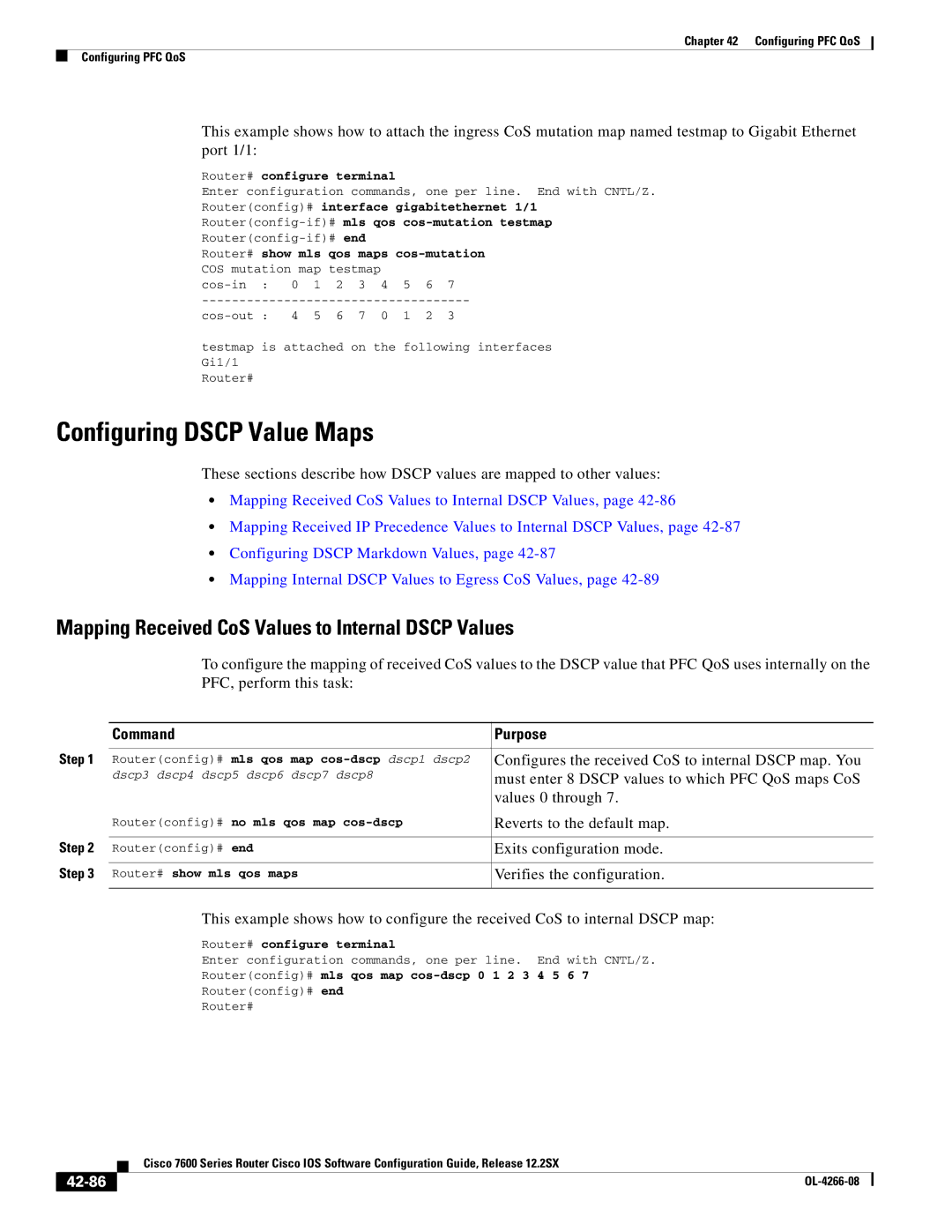 Cisco Systems OL-4266-08 manual Configuring Dscp Value Maps, Mapping Received CoS Values to Internal Dscp Values, 42-86 