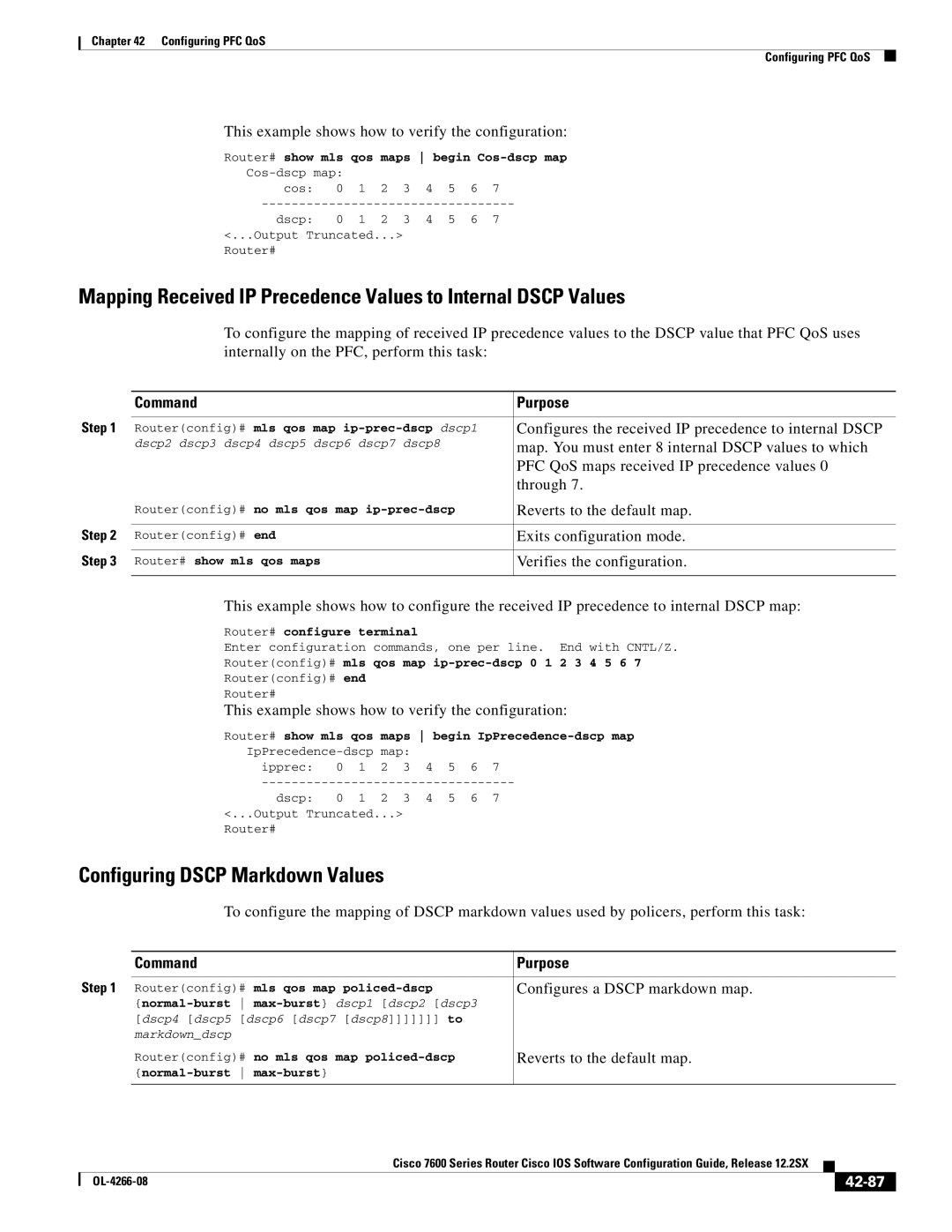 Cisco Systems OL-4266-08 manual Configuring Dscp Markdown Values, Configures a Dscp markdown map, 42-87 