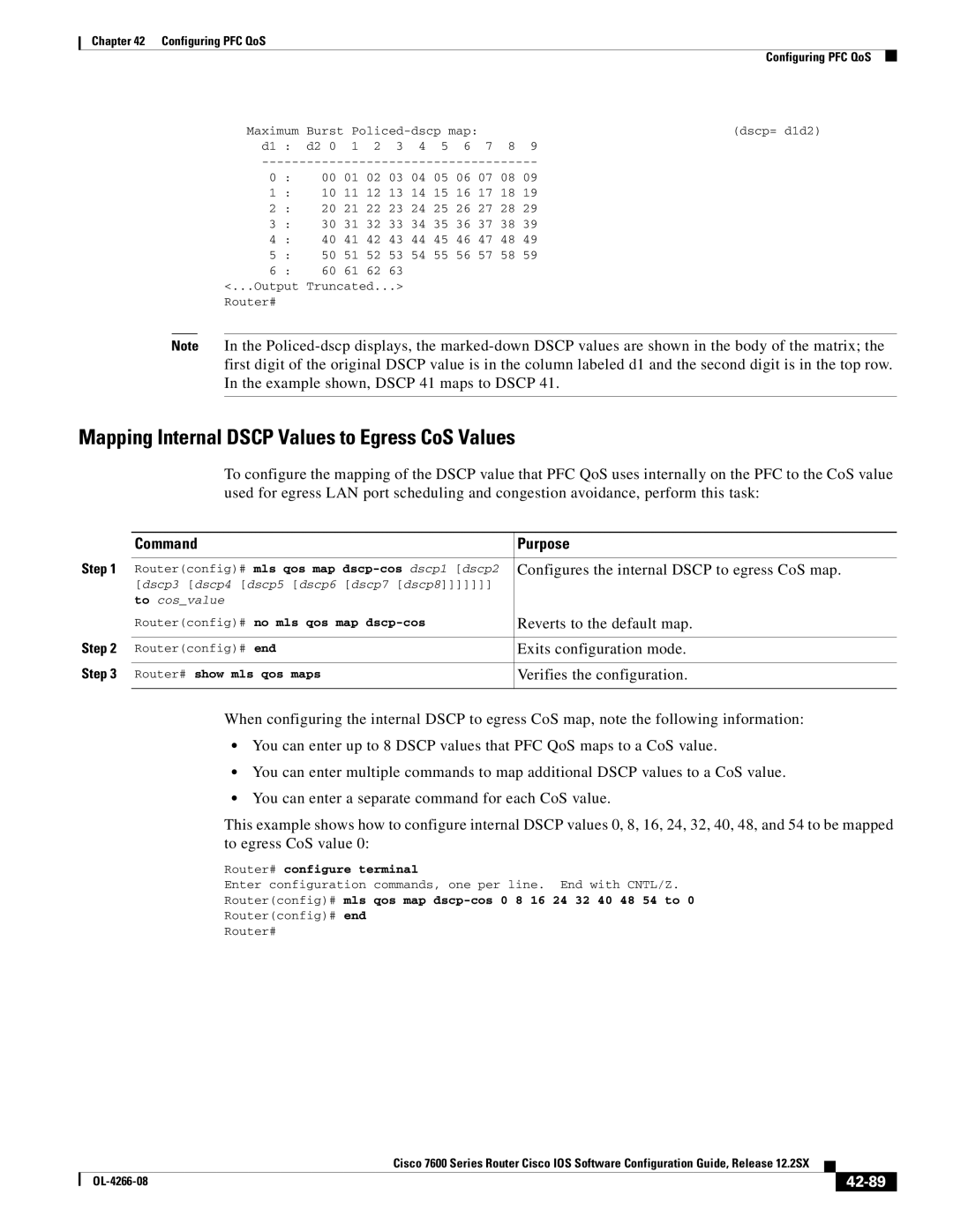 Cisco Systems OL-4266-08 Mapping Internal Dscp Values to Egress CoS Values, Configures the internal Dscp to egress CoS map 