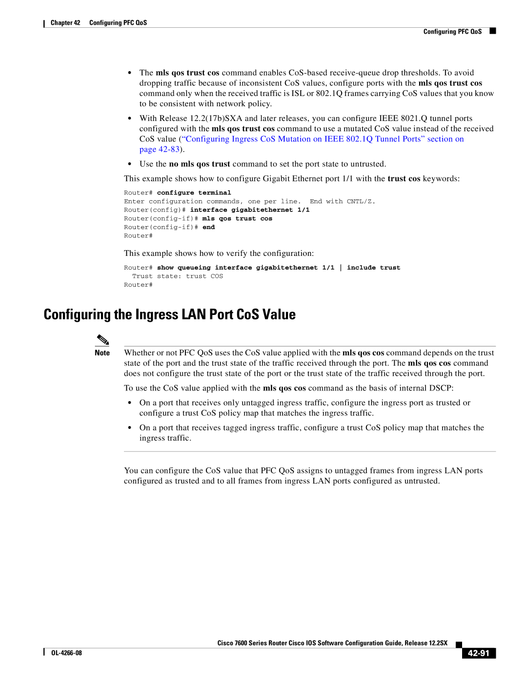 Cisco Systems OL-4266-08 manual Configuring the Ingress LAN Port CoS Value, 42-91 