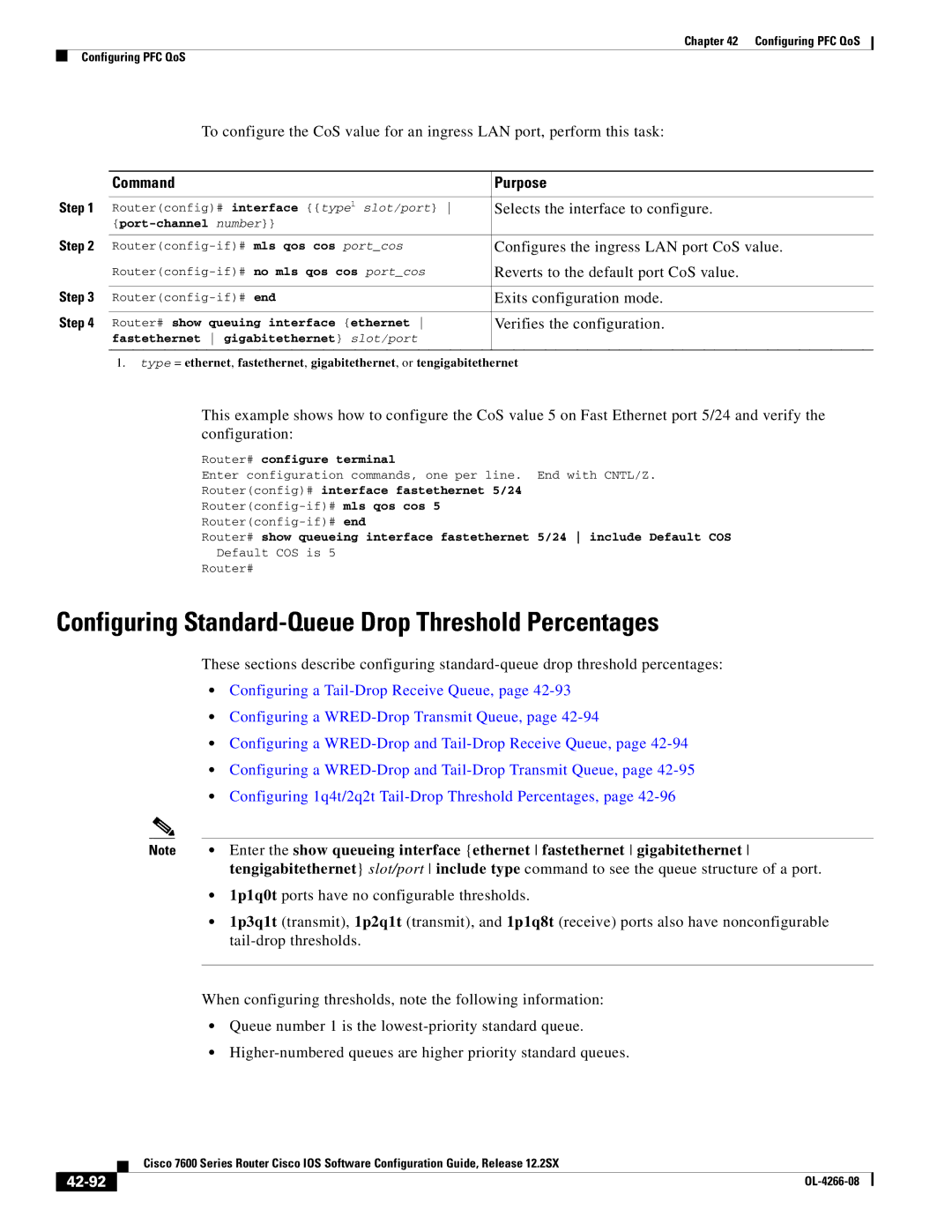 Cisco Systems OL-4266-08 Configuring Standard-Queue Drop Threshold Percentages, Configures the ingress LAN port CoS value 