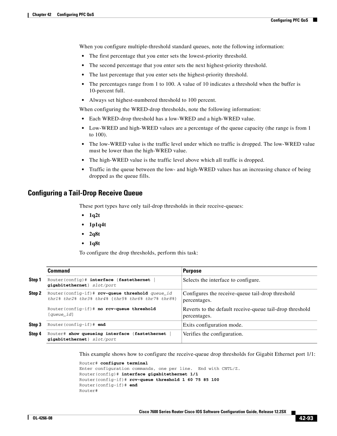 Cisco Systems OL-4266-08 manual Configuring a Tail-Drop Receive Queue, 42-93 