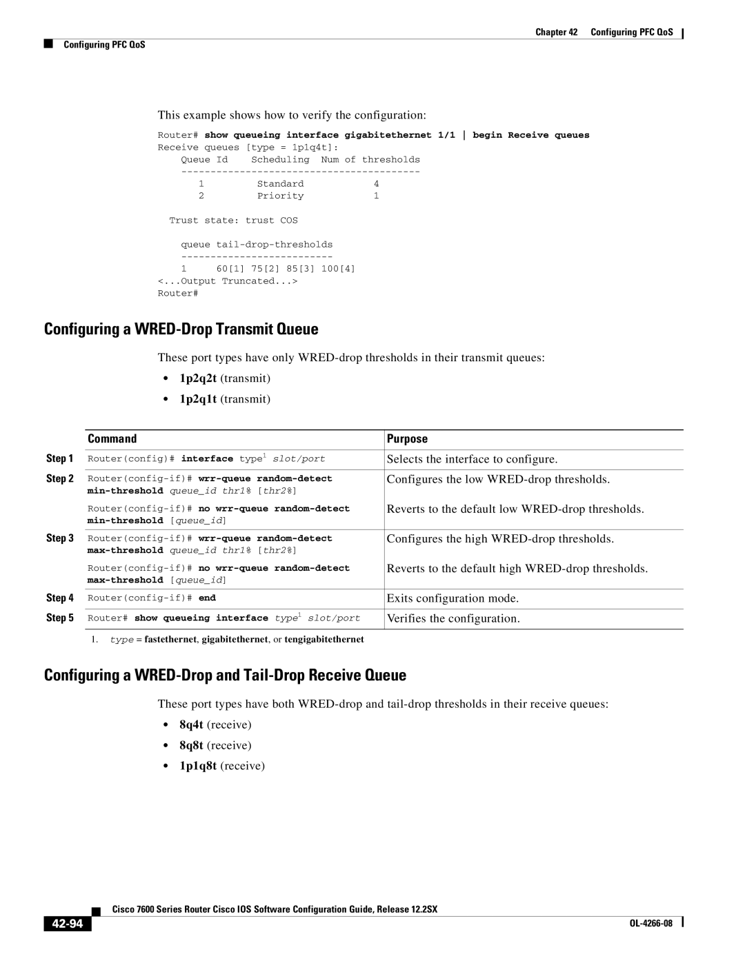 Cisco Systems OL-4266-08 manual Configuring a WRED-Drop Transmit Queue, Configuring a WRED-Drop and Tail-Drop Receive Queue 