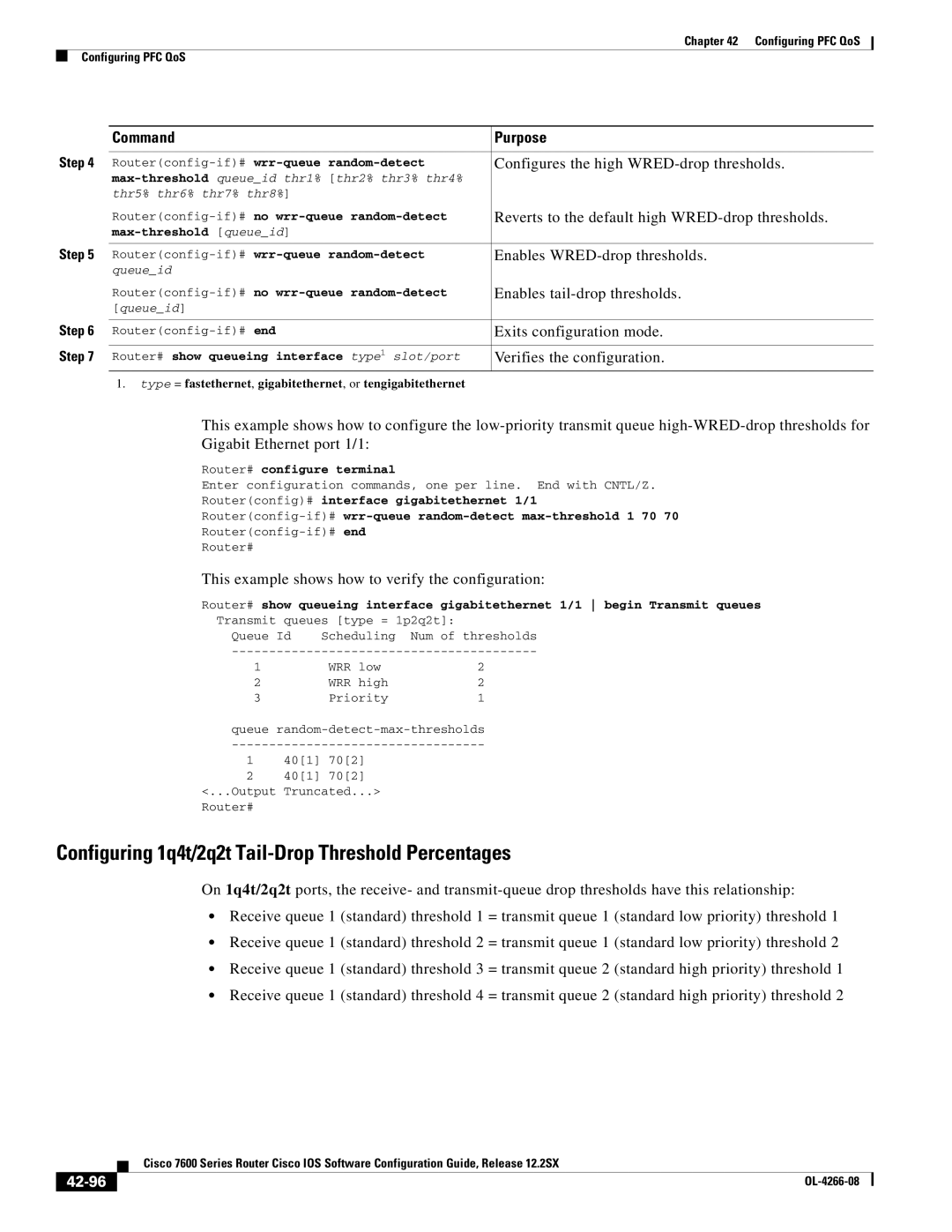 Cisco Systems OL-4266-08 manual Configuring 1q4t/2q2t Tail-Drop Threshold Percentages, 42-96 