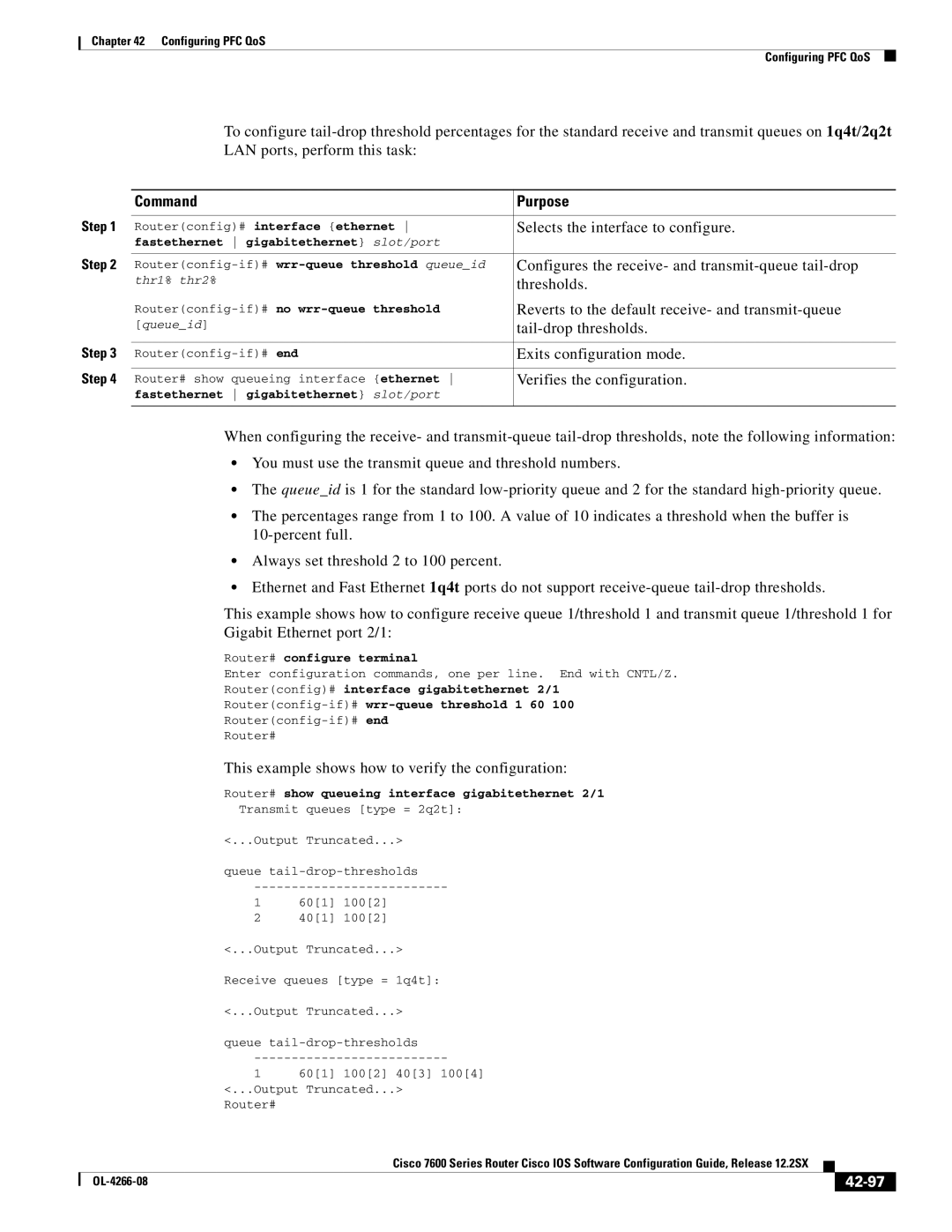 Cisco Systems OL-4266-08 manual Configures the receive- and transmit-queue tail-drop, Tail-drop thresholds, 42-97 