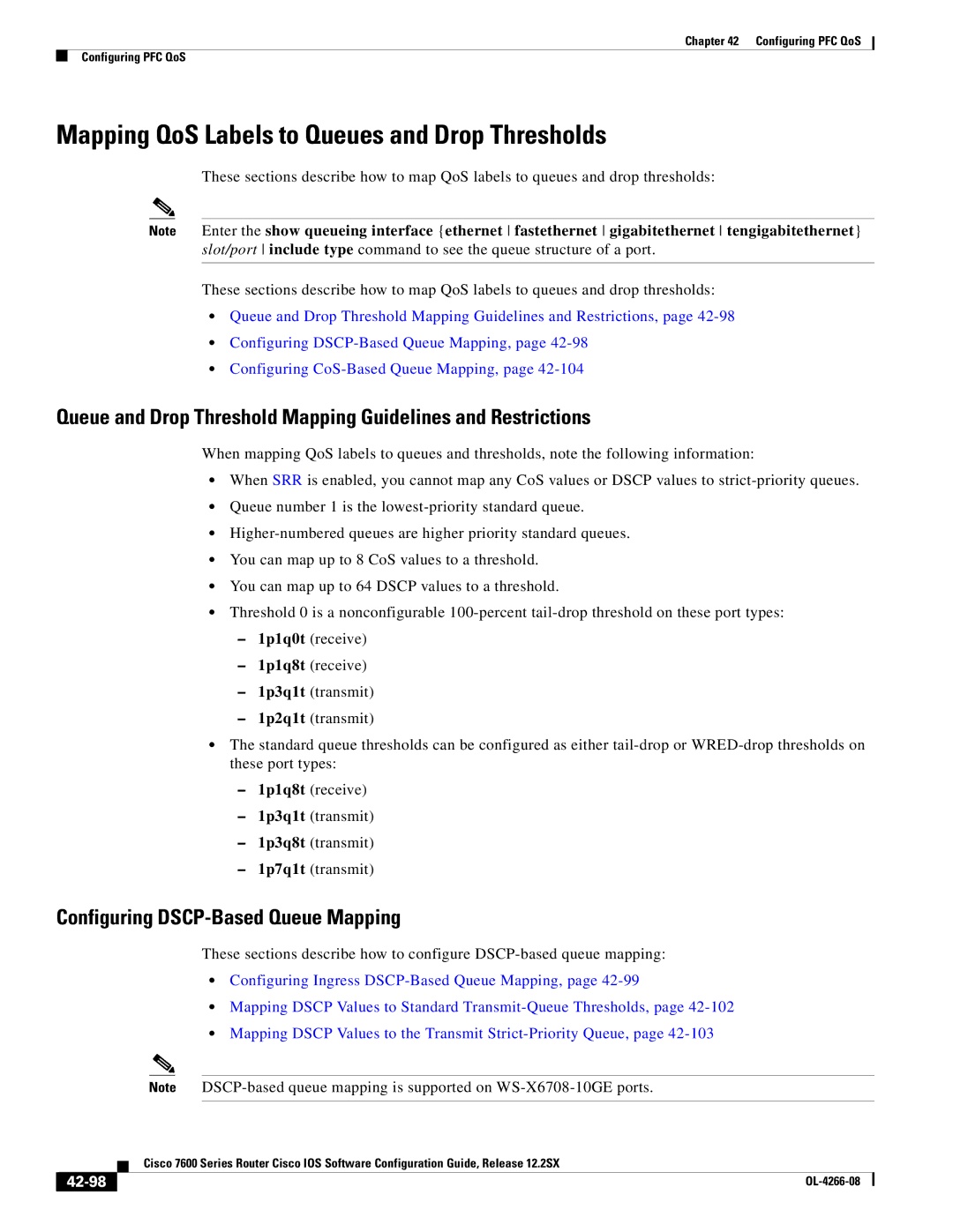 Cisco Systems OL-4266-08 Mapping QoS Labels to Queues and Drop Thresholds, Configuring DSCP-Based Queue Mapping, 42-98 