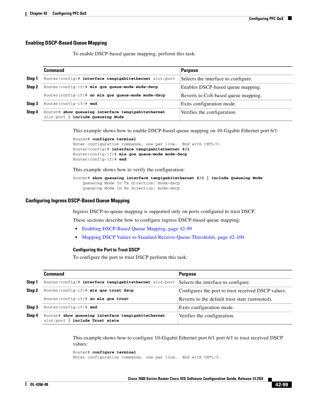 Cisco Systems OL-4266-08 manual Enabling DSCP-Based Queue Mapping, Configuring Ingress DSCP-Based Queue Mapping, 42-99 